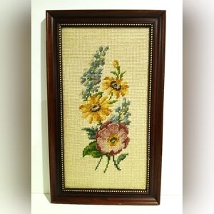 Vintage Framed Floral Needlepoint Wall Art - Yellow, Pink, Blue
